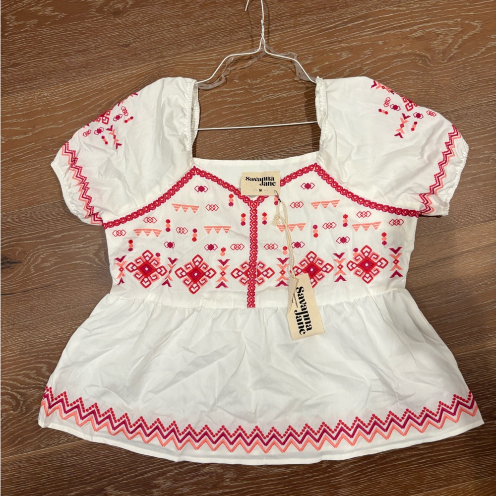 Savanna Jane Embroidered Boho Top Medium NWT Puff Sleeve Festival
